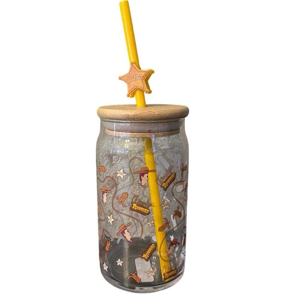 Disney Pixar Toy Story Woodys Round Up Glass Cup Tumbler with Straw and Charm